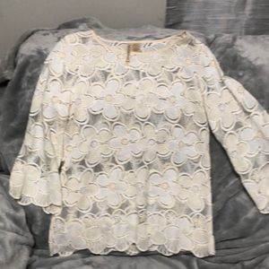 Forgotten Grace Lace Mesh Bell Sleeve Boho Scalloped Floral Embroidered Blouse